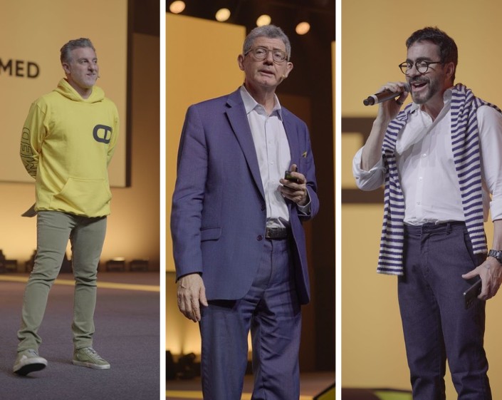 Luciano Huck, Joaqum Levy e padre Fábio de Melo em evento farmacêutico em São Paulo