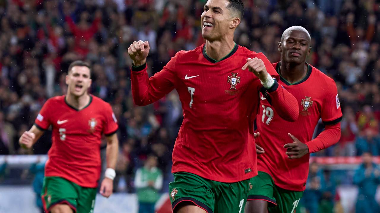 Cristiano Ronaldo of Portugal celebrates after scoring his team's second goal during the UEFA Nations League 2024/25 League A Group A1 match between Portugal and Poland at Estadio Do Dragao in Porto, Portugal, on November 15, 2024. (Photo by Jose Manuel Alvarez Rey/JAR Sport Images/NurPhoto via Getty Images)