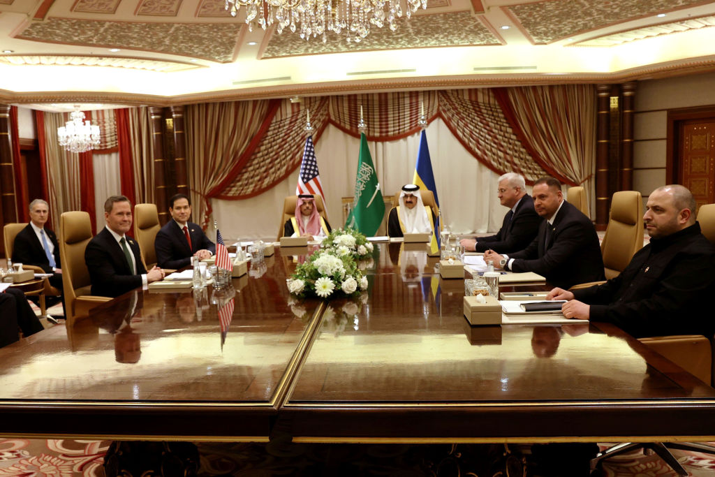 JEDDAH, SAUDI ARABIA - MARCH 11: (L-R) U.S. National Security Advisor Mike Waltz, U.S. Secretary of State Marco Rubio, Saudi Foreign Minister Faisal bin Farhan and National Security Advisor Mosaad bin Mohammad al-Aiban, Ukrainian Foreign Minister Andrii Sybiha, Ukrainian Head of Presidential Office Andriy Yermak and Ukrainian Minister of Defense Rustem Umerovto attend a meeting between the US and Ukraine hosted by the Saudis on March 11, 2025 in Jeddah, Saudi Arabia. An American delegation led by US Secretary of State Marco Rubio is in Jeddah to attend a high-stakes meeting with Ukrainian officials, in efforts to lay the groundwork for peace negations to end Russia's war in Ukraine. The talks come after Zelensky met with Saudi Crown Prince Mohammed bin Salman on Monday, and in the wake of a recent rift in US-Ukraine relations. (Photo by Salah Malkawi/Getty Images)