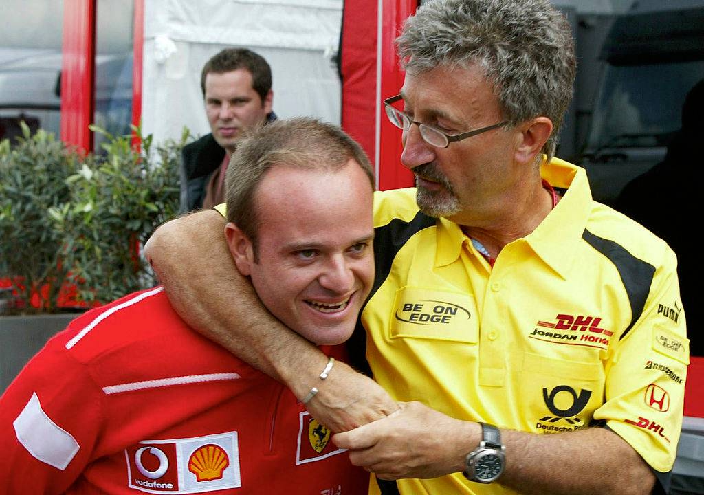 SILVERSTONE, UNITED KINGDOM - JULY 04: GP von ENGLAND 2002, Silverstone; Rubens BARRICHELLO/BRA - FERRARI -, Eddie JORDAN (Photo by Andreas Rentz/Bongarts/Getty Images)