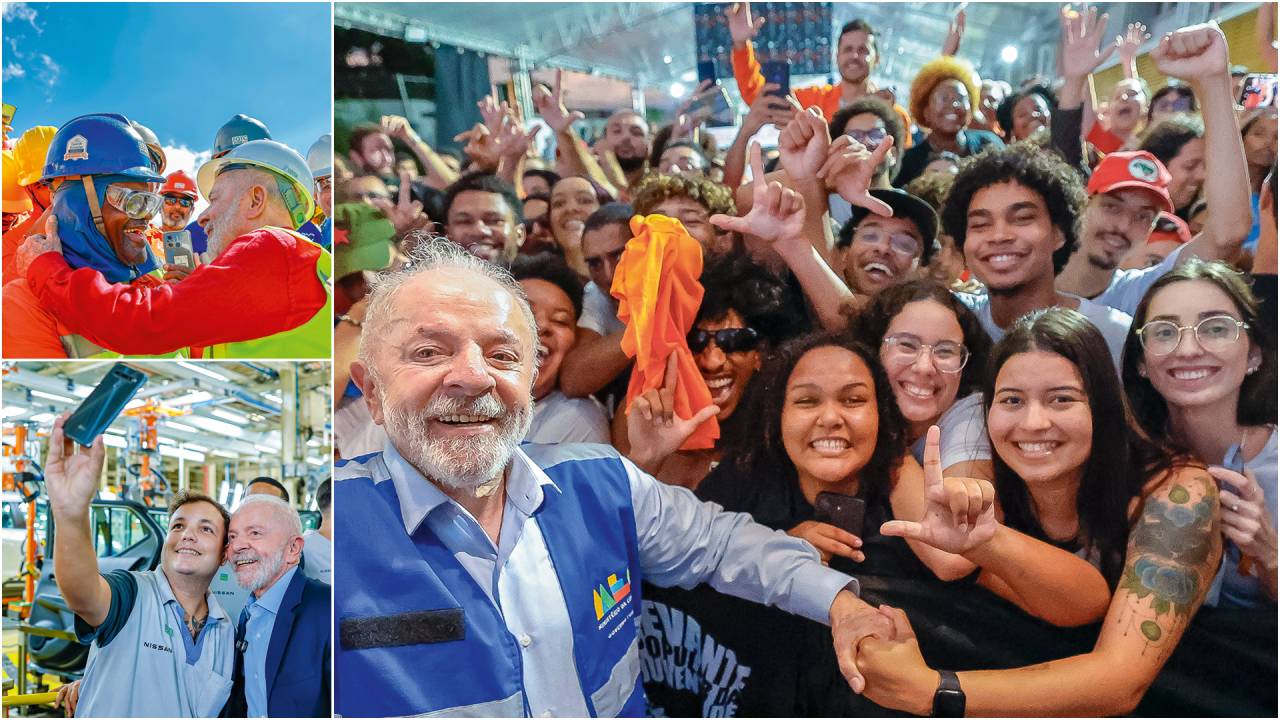 EVENTOS - O petista na Nissan, em Resende (à esq. abaixo), na Via Dutra (no alto) e na UFF em Campos (à dir.), no Rio: defesa do governo de olho na reeleição