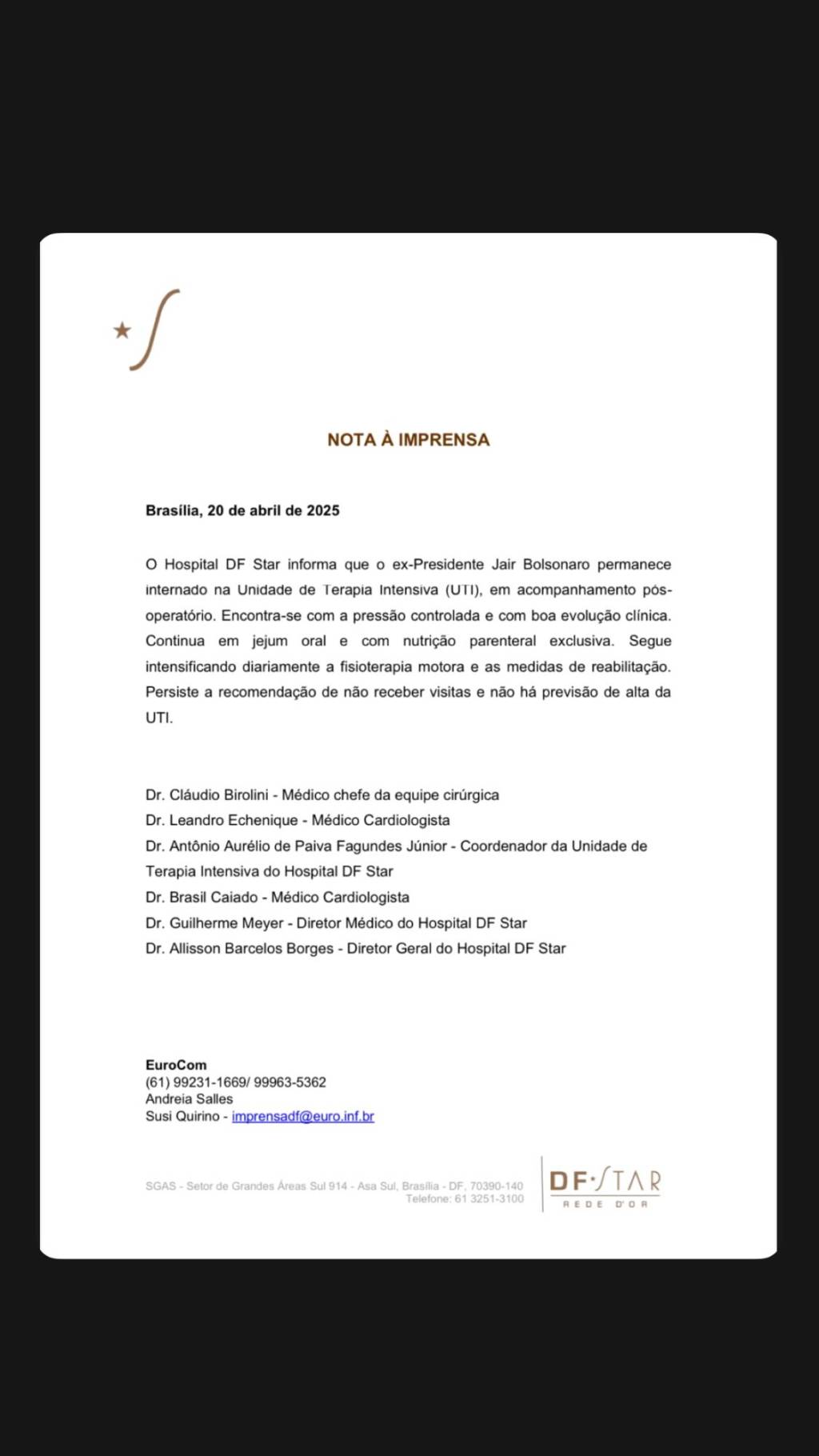 Boletim de saúde do ex-presidente Bolsonaro divulgado neste domingo, 20 Boletim de saúde do ex-presidente Bolsonaro divulgado neste domingo, 20