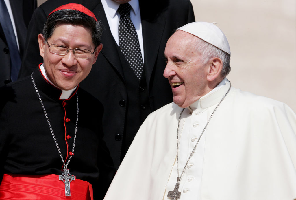 Pope Francis (Jorge Mario Bergoglio) officiating the General Audience in Saint Peter's square. Pope Francis together with President of Caritas Internationalis cardinal Luis Antonio Tagle. Vatican City, 27th September 2017 (Photo by Grzegorz Galazka/Archivio Grzegorz Galazka/Mondadori Portfolio via Getty Images)