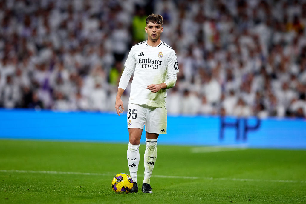 MADRID, SPAIN - FEBRUARY 08: Raul Asencio del Rosario of Real Madrid in action during the LaLiga match between Real Madrid CF and Atletico de Madrid at Estadio Santiago Bernabeu on February 08, 2025 in Madrid, Spain. (Photo by Alvaro Medranda/Quality Sport Images/Getty Images)