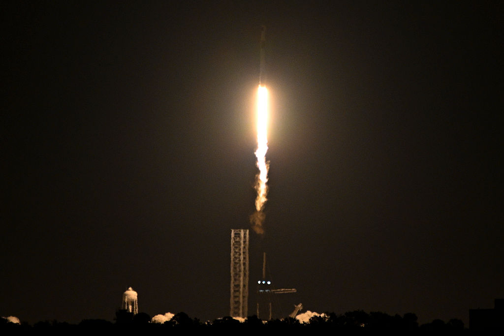 TITUSVILLE, FLORIDA - MARCH 31: SpaceX launches Falcon 9 Fram2 Mission, from Launch Complex 39A of NASA's Kennedy Space Center on March 31, 2025 in Titusville, Florida. The Fram2, carrying four space tourist astronauts on a low orbit flight, will be the first polar-orbit human spaceflight mission to explore Earth. It will launch into a 90° circular orbit to the south from Florida, making it the first human spaceflight to fly over Earth's polar regions from low-Earth orbit. (Photo by Miguel J.