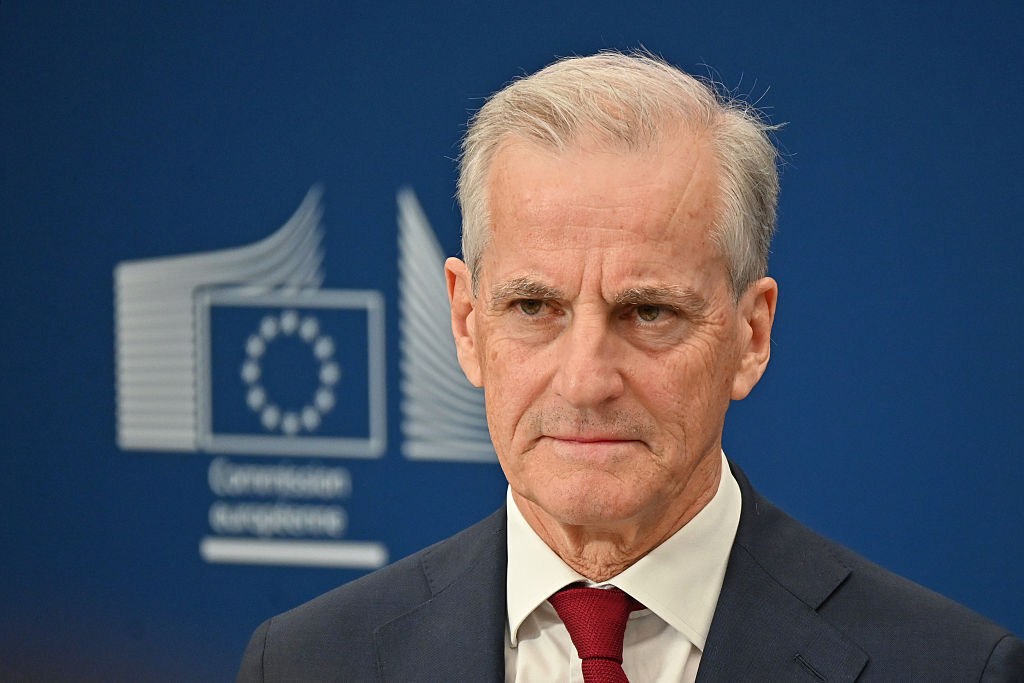 07 April 2025, Belgium, Brüssel: The Norwegian Prime Minister, Jonas Gahr Støre, reacts at a media conference at the headquarters of the European Commission in Brussels. Photo: Anna Ross/dpa (Photo by Anna Ross/picture alliance via Getty Images)