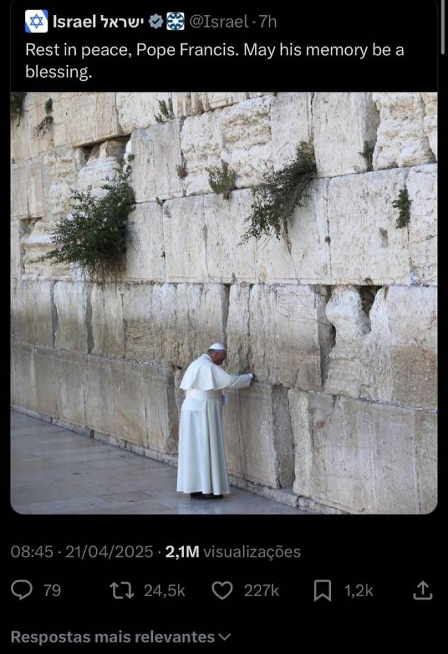 Imagem do WhatsApp de 2025-04-21 à(s) 15.44.47_6a0ad6c5 Postagem na conta oficial de Israel no X em homenagem ao papa Francisco é apagada. -