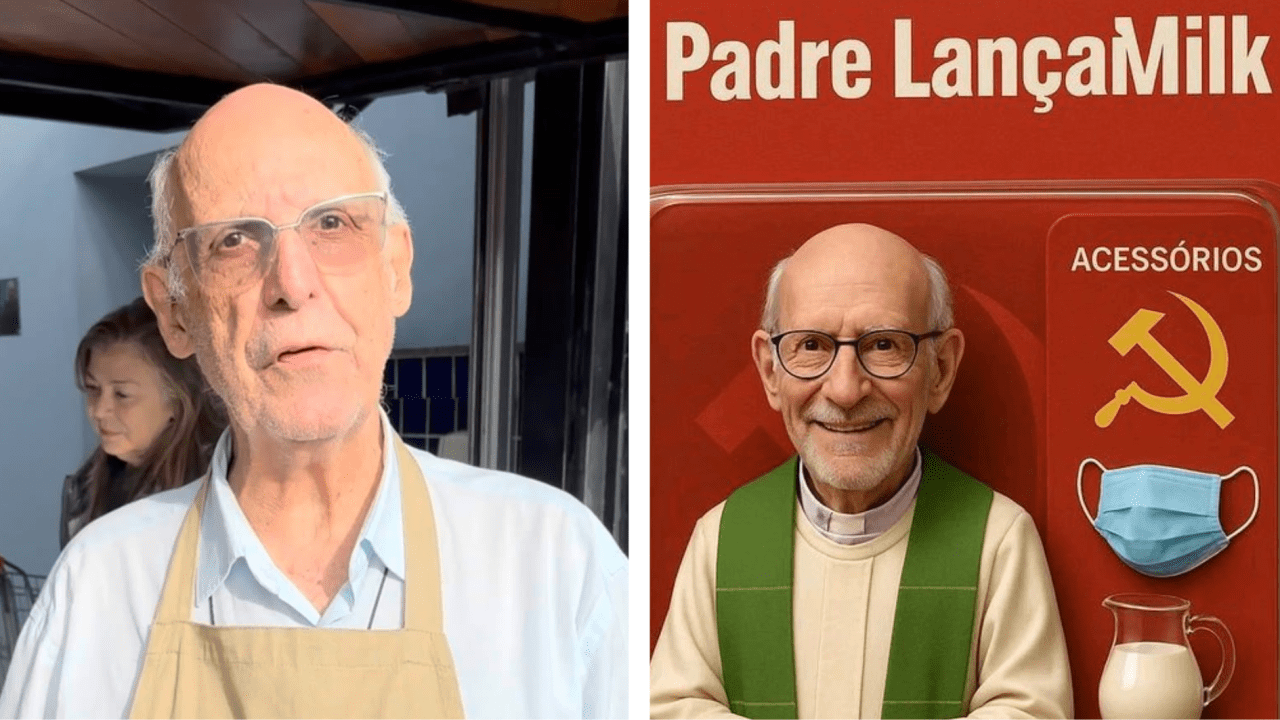 Padre Julio Lancellotti e falso boneco criado com IA para ironizá-lo