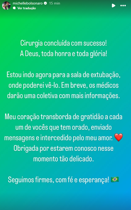 Screenshot 2025-04-13 213513 A ex-primeira-dama Michelle Bolsonaro comentou o fim da cirurgia de Jair Bolsonaro