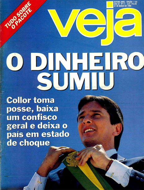 21/03/1990 - "O dinheiro sumiu" - Na primeira semana de mandato, Collor determina o confisco das poupanças, bloqueando o acesso dos brasileiros a cerca de 80% de todos os investimentos nas cadernetas