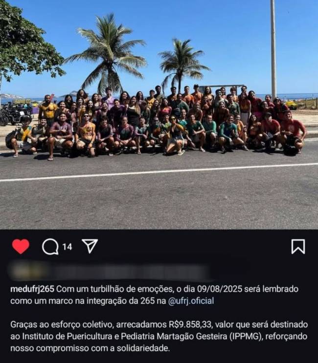 WhatsApp Image 2025-04-24 at 12.04.59 Post feito pelo grupo de alunos que ingressaram em Medicina na UFRJ no segundo semestre de 2024 dizia que todo o valor seria revertido em doações