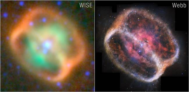 comparação Nebulosa NGC 1514: à esquerda, uma observação do Wide-field Infrared Survey Explorer (WISE) da Nasa; à direita, a imagem mais refinada do telescópio James Webb