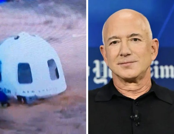 Jeff Bezos leva um tombo em frente à aeronave da Blue Origin