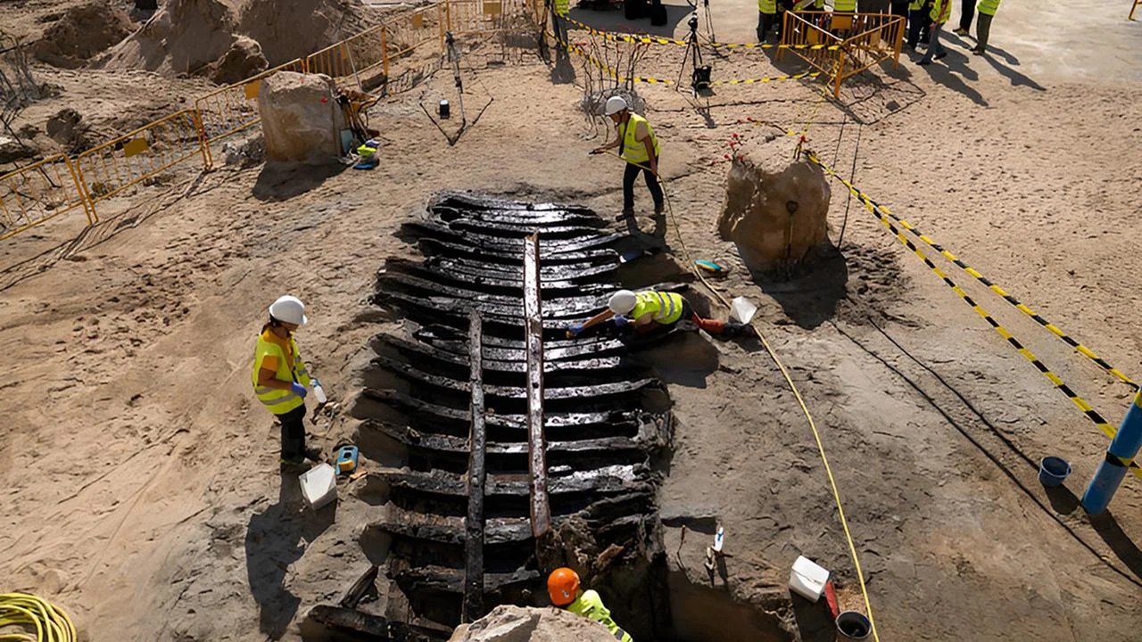 Arqueólogos trabalham na preservação da estrutura de um barco medieval descoberto sob o antigo mercado de peixes de Barcelona, a mais de 6 metros abaixo do nível do mar
