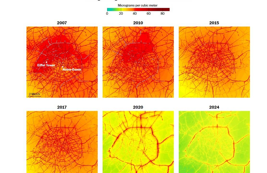 Poluição atmosférica sobre Paris, medida desde 2007: queda espetacular