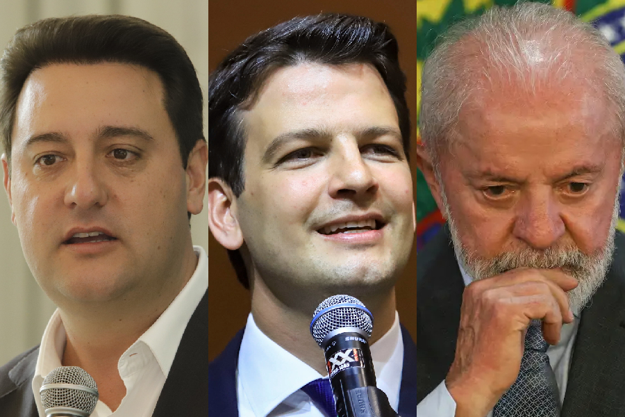 O governador do Paraná, Ratinho Júnior (PSD); o prefeito de Curitiba, Eduardo Pimentel (PSD); e o presidente Luiz Inácio Lula da Silva