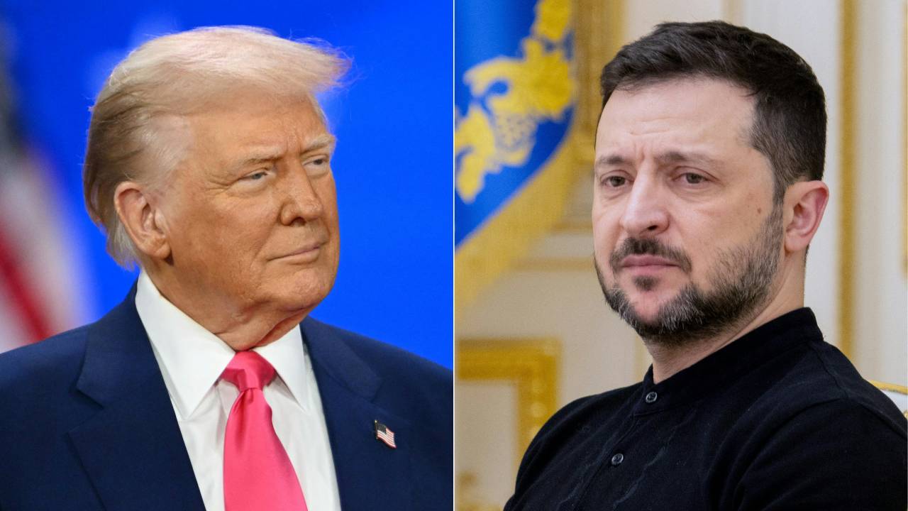 O presidente dos EUA, Donald Trump (esq.), e o presidente da Ucrânia, Volodymyr Zelensky.