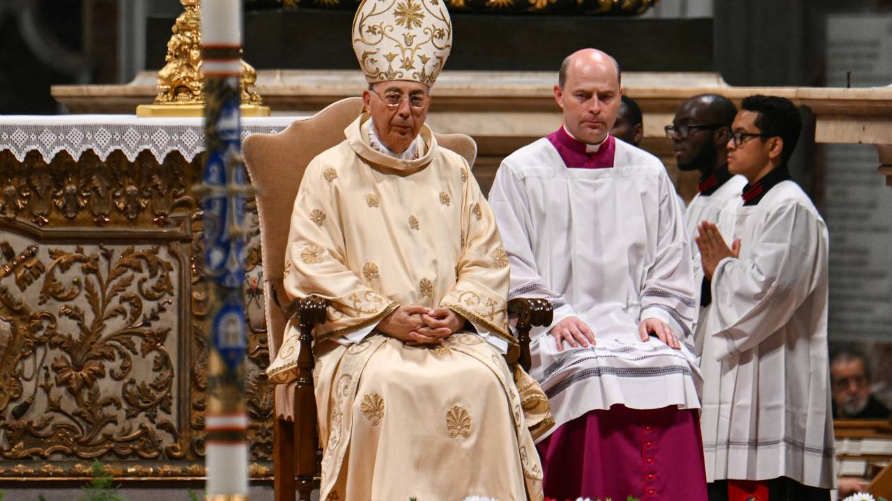 French Cardinal Dominique Mamberti officiates during the Ninth Novemdiale mass at St Peter's Basilica in The Vatican, on May 4, 2025. (Photo by Alberto PIZZOLI / AFP)