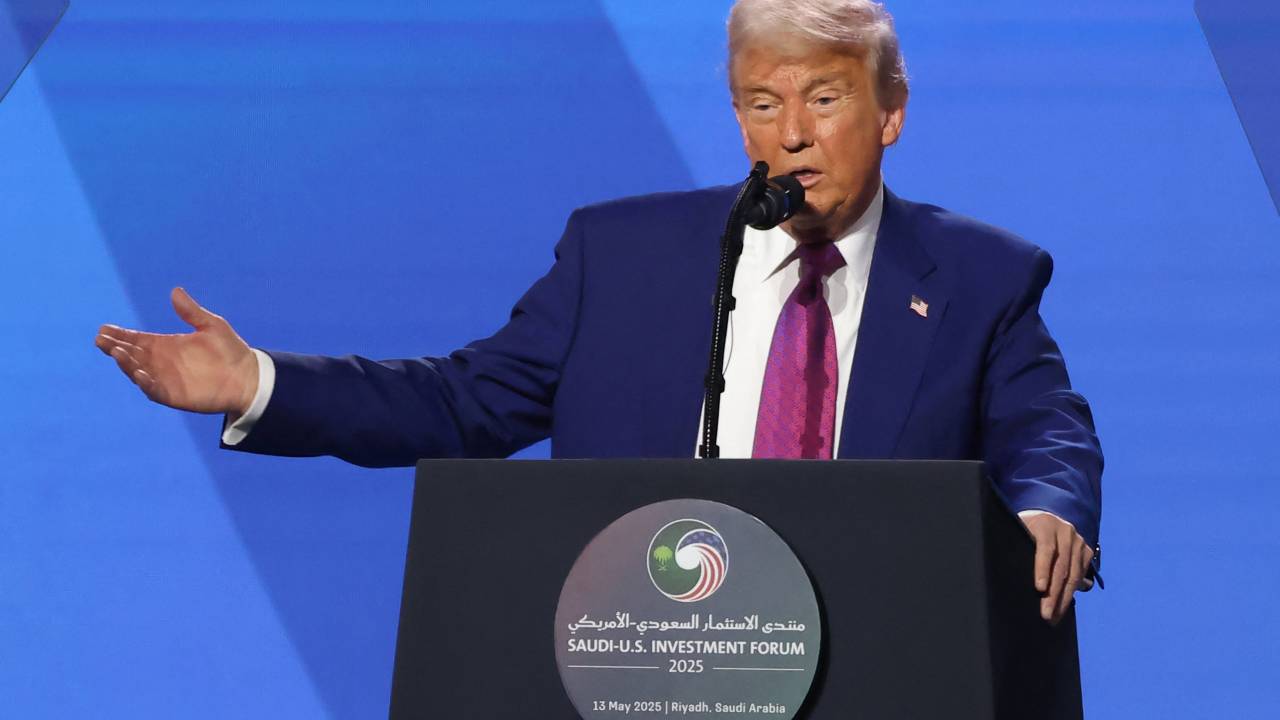 US President Donald Trump speaks during the Saudi-US investment forum at the King Abdul Aziz International Conference Center in Riyadh on May 13, 2025. Saudi Arabia on May 13 promised billions of dollars in deals with the United States from defence to artificial intelligence as it threw a lavish welcome for President Donald Trump on the first state visit of his second term. (Photo by Fayez NURELDINE / AFP)