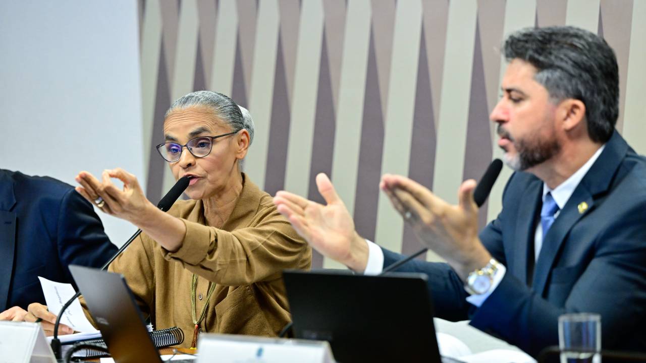 Marina Silva e o senador Marcos Rogério gesticulam durante participação da ministra em audiência da Comissão de Serviços de Infraestrutura