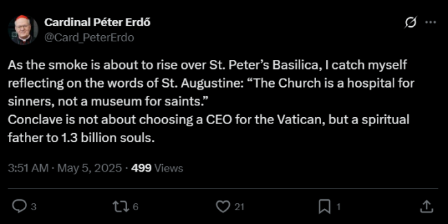 O cardeal Péter Erdõ no X: conclave não vai escolher CEO, mas líder espiritual. -
