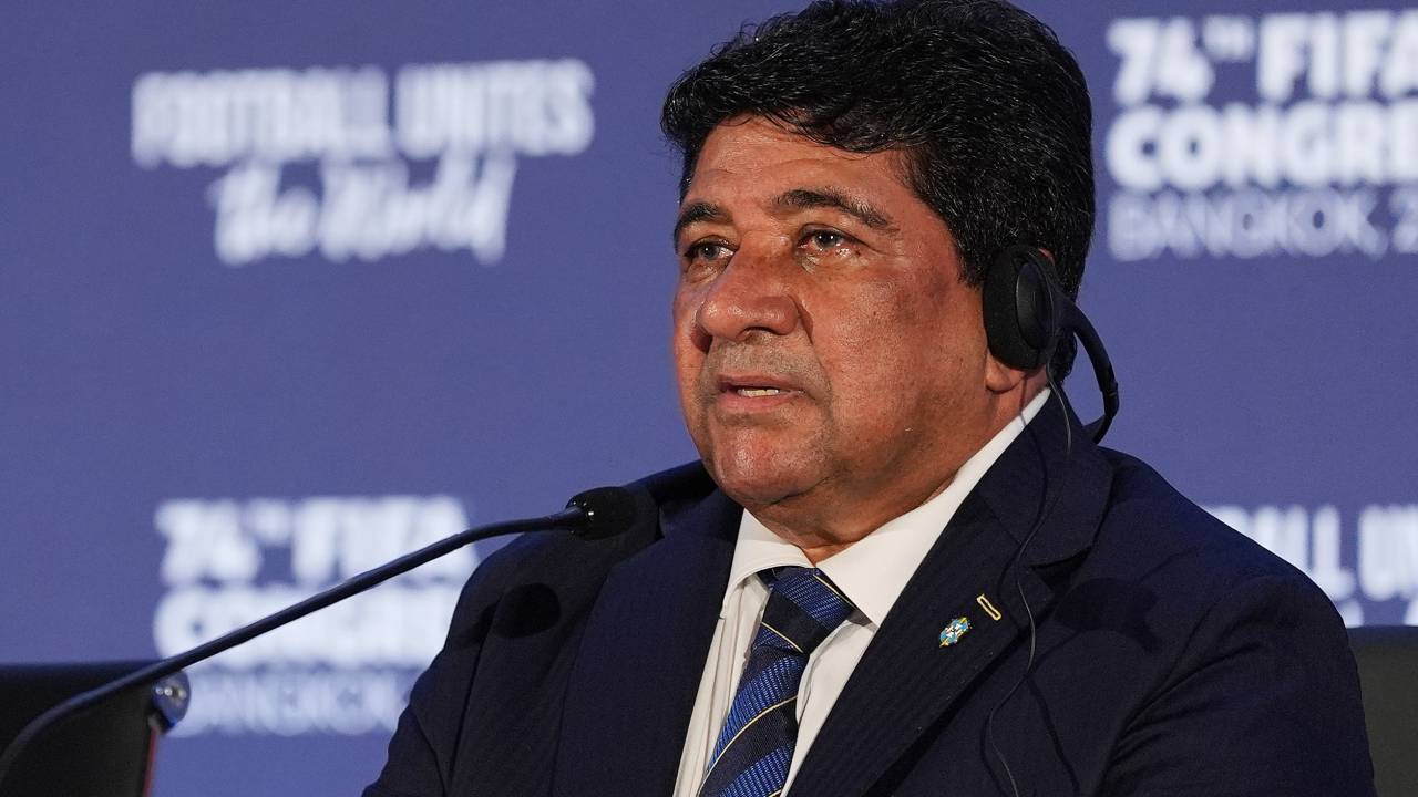 BANGKOK, THAILAND - MAY 17: Ednaldo Rodrigues, President of the Brazilian Football Confederation speaks to the media during the 74th FIFA Congress 2024 at the Queen Sirikit National Convention Center (QSNCC) on May 17, 2024 in Bangkok, Thailand.