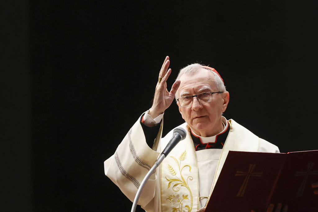 VATICAN CITY, VATICAN, FEBRUARY 24: Cardinal Pietro Parolin, Vatican Secretary of State, delivers his blessing to the faithful after leading a rosary prayer for Pope Francis in St. PeterÕs Square at the Vatican, on February 24, 2025. The Pontiff, who is hospitalized at the Policlinico Gemelli hospital in Rome since last February 2025, remains in critical health conditions due to bilateral pneumonia which requires supplemental oxygen. He also developed anemia and a slight kidney failure. (Photo by Riccardo De Luca/Anadolu via Getty Images)