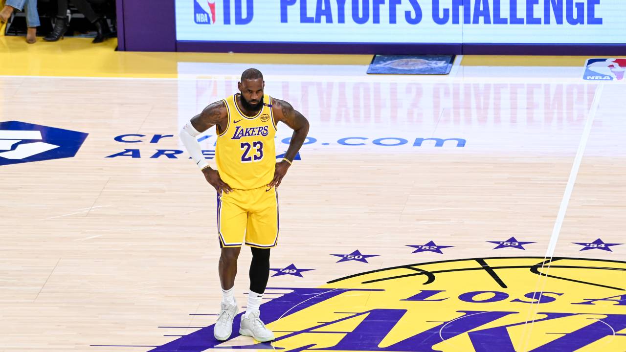 LOS ANGELES, CA - APRIL 22: LeBron James #23 of the Los Angeles Lakers looks on during the game against the Minnesota Timberwolves during Round One Game Two of the 2025 NBA Playoffs on April 22, 2025 at Crypto.Com Arena in Los Angeles, California. NOTE TO USER: User expressly acknowledges and agrees that, by downloading and/or using this Photograph, user is consenting to the terms and conditions of the Getty Images License Agreement. Mandatory Copyright Notice: Copyright 2025 NBAE