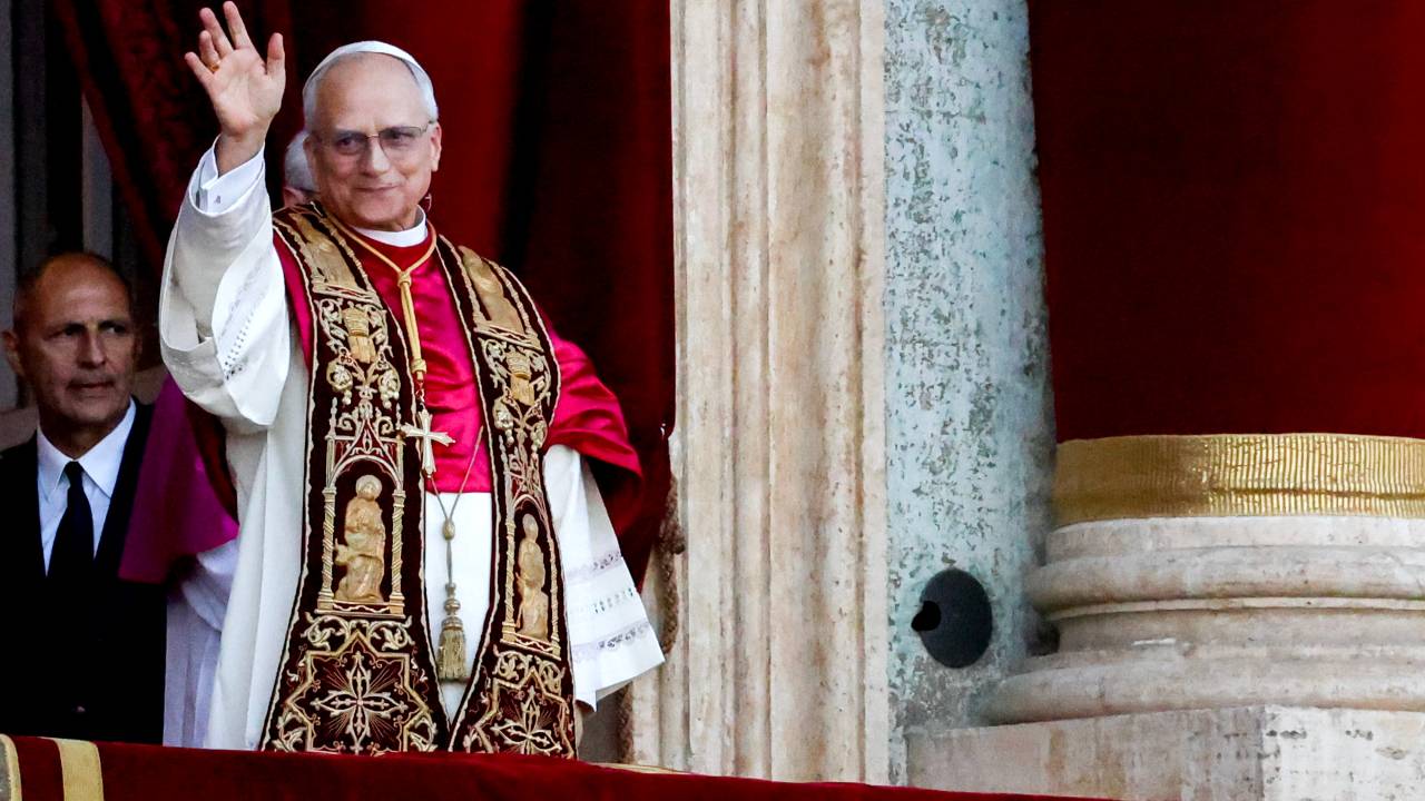 Pope Leo XIV appears on the balcony of St. Peter's Basilica, after becoming the first American pope, in Vatican City, Italy, on Thursday, May 8, 2025. Cardinal Robert Francis Prevost of the US was elected as the head of the Catholic Church on the second day of voting in the Vatican.