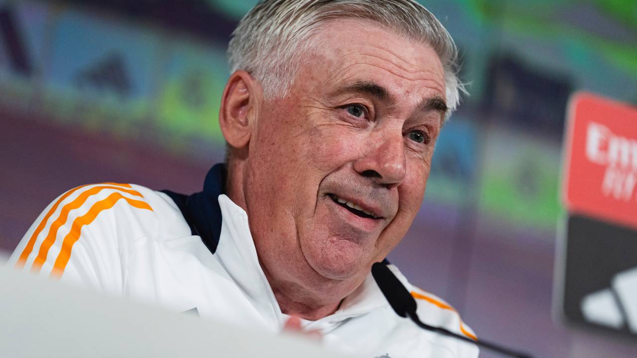 Carlo Ancelotti, head coach of Real Madrid, speaks during the Real Madrid press conference ahead of the La Liga match against FC Barcelona at Ciudad Real Madrid in Valdebebas, Spain, on May 10, 2025.