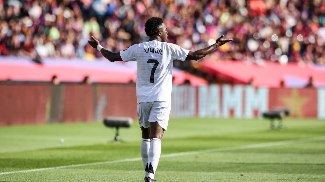 Vinicius Jr of Real Madrid plays during the LaLiga EA Sports match between FC Barcelona and Real Madrid at Olimpic Lluis Companys in Barcelona, Spain, on May 12, 2025. (Photo by Gongora/NurPhoto via Getty Images)