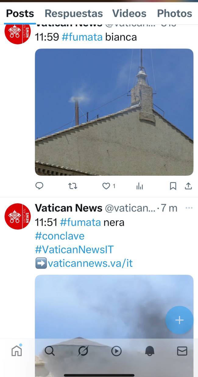 Gqa1-KcWIAAUjC5 No X, antigo Twitter, Vaticano postou que nesta manhã fumaça tinha sido branca, mas depois se corrigiu. -