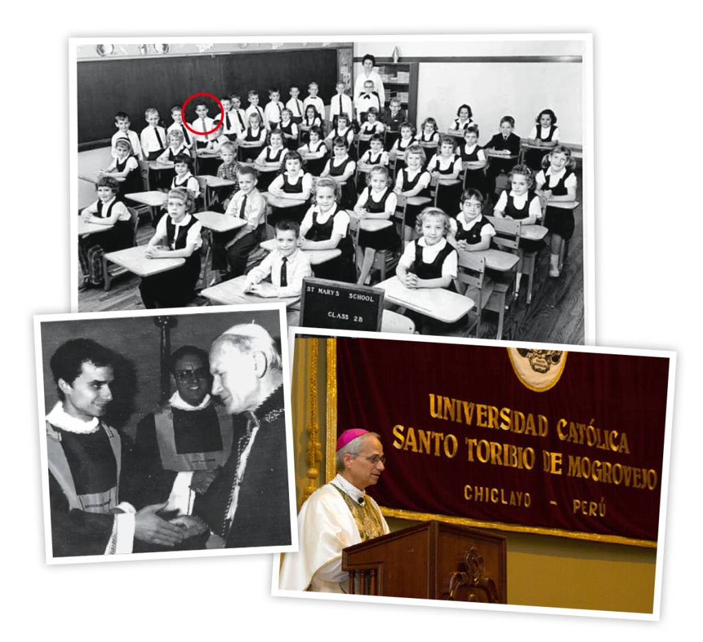Papa ÁLBUM DE FAMÍLIA - Na escola em Chicago (no círculo, em destaque); em Chiclayo, no Peru (abaixo); e com João Paulo II, em 1982, em início de trajetória: firme formação agostiniana