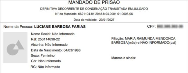 Dama do Tráfico Mandado de prisão para Dama do Tráfico, que ficou foragida por cinco meses