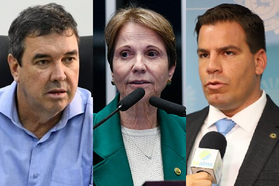 O governador do Mato Grosso do Sul, Eduardo Riedel (PSDB); a senadora Tereza Cristina (PP); e o ex-deputado estadual Renan Contar (PRTB)