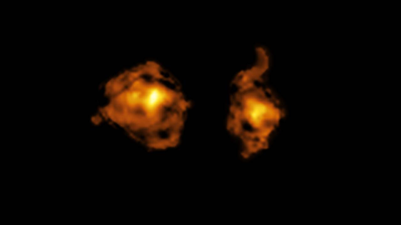 This image, taken with the Atacama Large Millimeter/submillimeter Array (ALMA), shows the molecular gas content of two galaxies involved in a cosmic collision. The one on the right hosts a quasar –– a supermassive black hole that is accreting material from its surroundings and releasing intense radiation directly into the other galaxy.