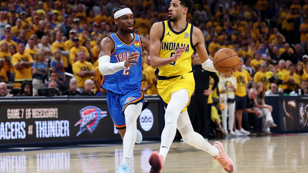 INDIANAPOLIS, INDIANA - JUNE 19: Tyrese Haliburton #0 of the Indiana Pacers drives to the basket against Shai Gilgeous-Alexander #2 of the Oklahoma City Thunder during the second quarter in Game Six of the 2025 NBA Finals at Gainbridge Fieldhouse on June 19, 2025 in Indianapolis, Indiana. NOTE TO USER: User expressly acknowledges and agrees that, by downloading and or using this photograph, User is consenting to the terms and conditions of the Getty Images License Agreement. (Photo by Maddie Meyer/Getty Images)