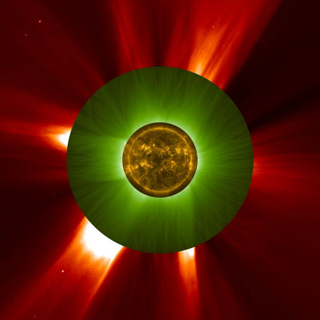 Imagem composta reúne dados de três observatórios solares: Proba-2 no centro (em amarelo), Proba-3 no anel verde, e SOHO na região externa em vermelho.