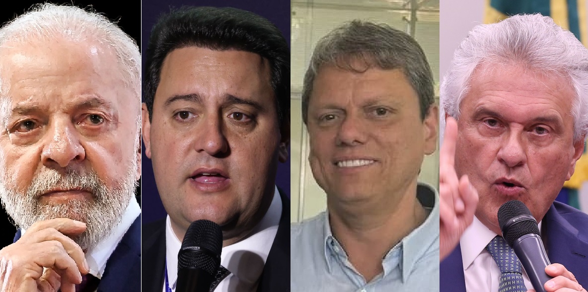 O presidente Luiz Inácio Lula da Silva; o governador do Paraná, Ratinho Júnior (PSD); o governador de São Paulo, Tarcísio de Freitas (Republicanos); e o governador de Goiás, Ronaldo Caiado (União Brasil)