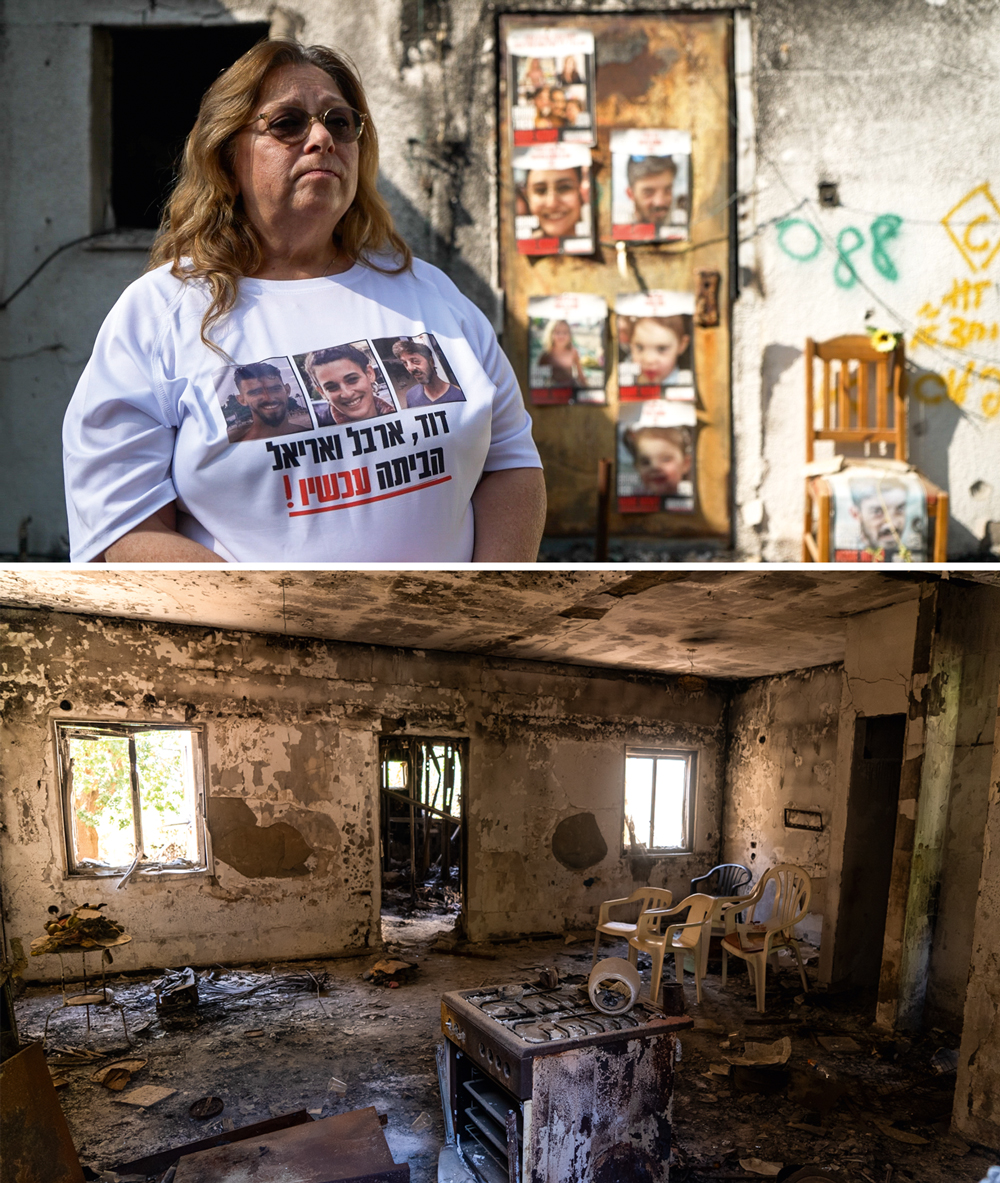&ldquo;A ESPERA EST&Aacute; ME MATANDO&rdquo; - Dois filhos de Silvia Cunio, 62 anos, ainda est&atilde;o nos t&uacute;neis do Hamas, e ela vive a ang&uacute;stia da incerteza, sem qualquer not&iacute;cia deles. A fam&iacute;lia morava no kibutz Nir Oz, onde as casas viraram escombros no 7 de Outubro (abaixo). &ldquo;O filme de terror que foi aquele dia at&eacute; agora n&atilde;o acabou&rdquo;, desabafa Silvia.