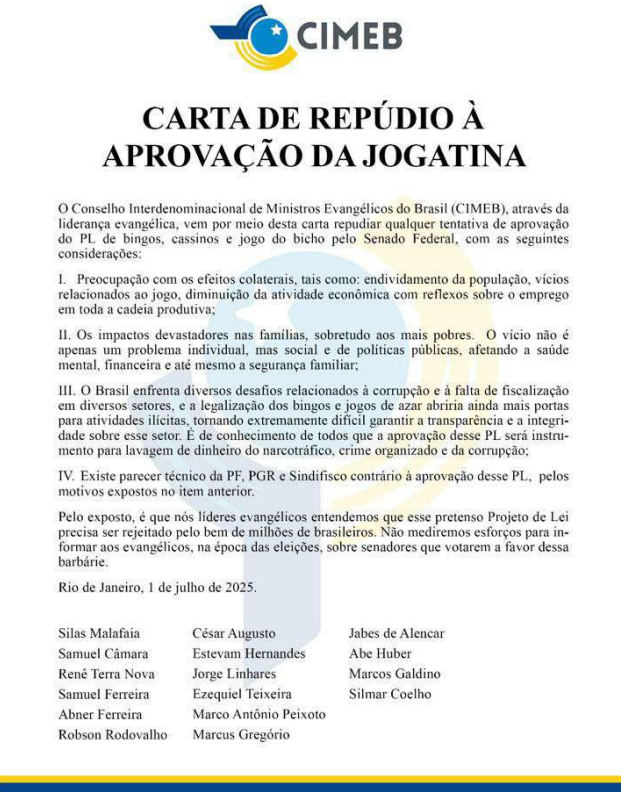 Documento assinado por religiosos é contra regulamentação dos jogos no Brasil