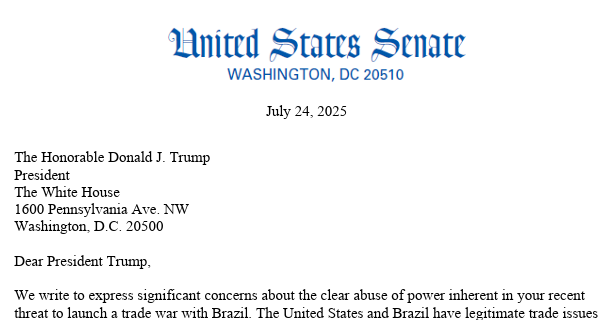 Carta de senadores americanos ao presidente dos EUA, Donald Trump, fala em 'claro abuso de poder' devido a ameaça de tarifas ao Brasil. -