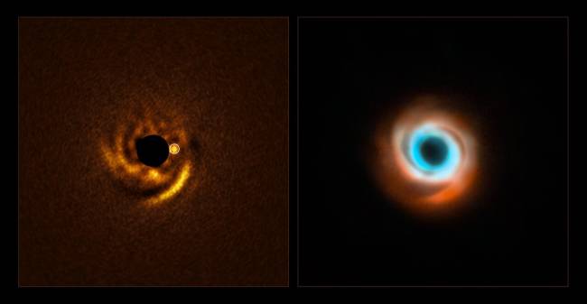 A planet candidate around the star HD 135344B The image to the left, taken with ESO’s Very Large Telescope (VLT), shows a possible planet being born around the young star HD 135344B. This star, located around 440 light-years away, is surrounded by a disc of dust and gas with prominent spiral arms. Theory predicts that planets can sculpt spiral arms like these, and the new planet candidate is located at the base of one of the arms, just as expected. The image was captured with a new VLT instrument: the Enhanced Resolution Imager and Spectrograph (ERIS). The central black circle corresponds to a coronagraph –– a device that blocks the light of the star to reveal faint details around it. The white circle indicates the location of the planet. The image to the right is a combination of previous observations taken with the SPHERE instrument also at the VLT (red) and the Atacama Large Millimeter/submillimeter Array (ALMA, orange and blue). These and other previous studies of HD 135344B did not find signatures of a companion, but ERIS may have finally unveiled the culprit responsible for the star’s spiral disc.