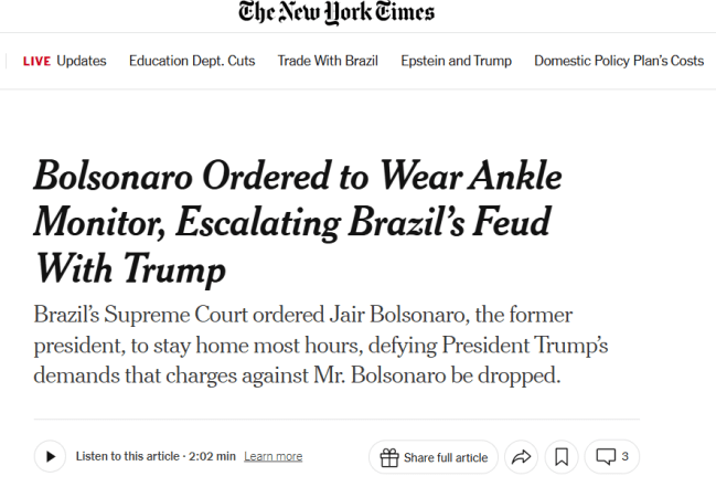 Reportagem do NYT sobre a operação contra o ex-presidente brasileiro