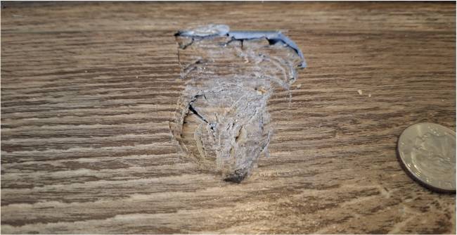 Marca deixada no piso da casa na Geórgia após o impacto do meteorito McDonough, que atravessou o telhado e se partiu ao atingir o solo.