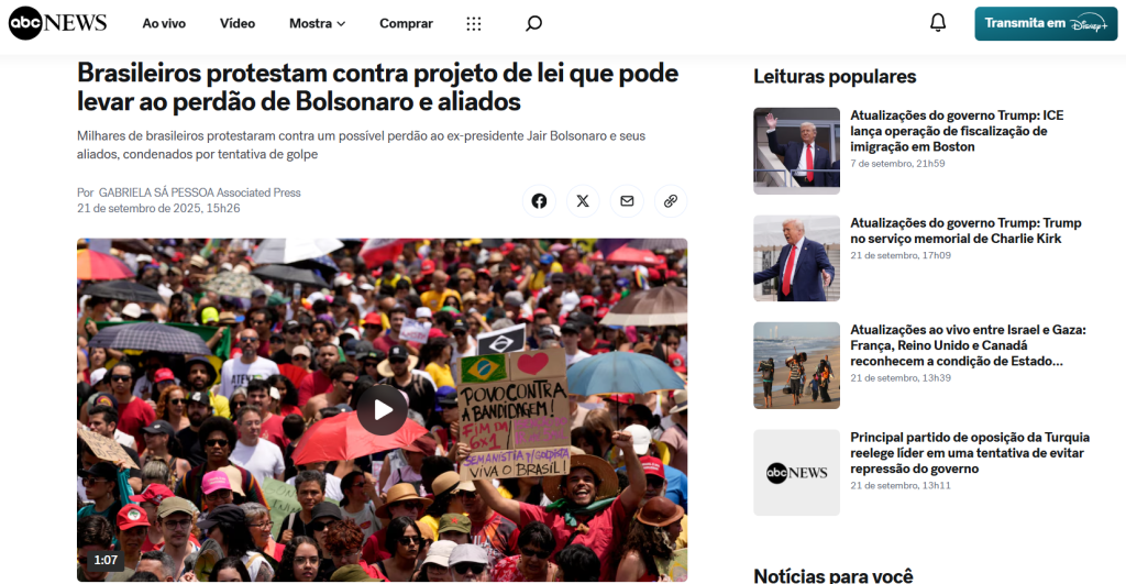 Emissora americana ABC News repercute protestos contra PEC da Blindagem. 21/09/2025