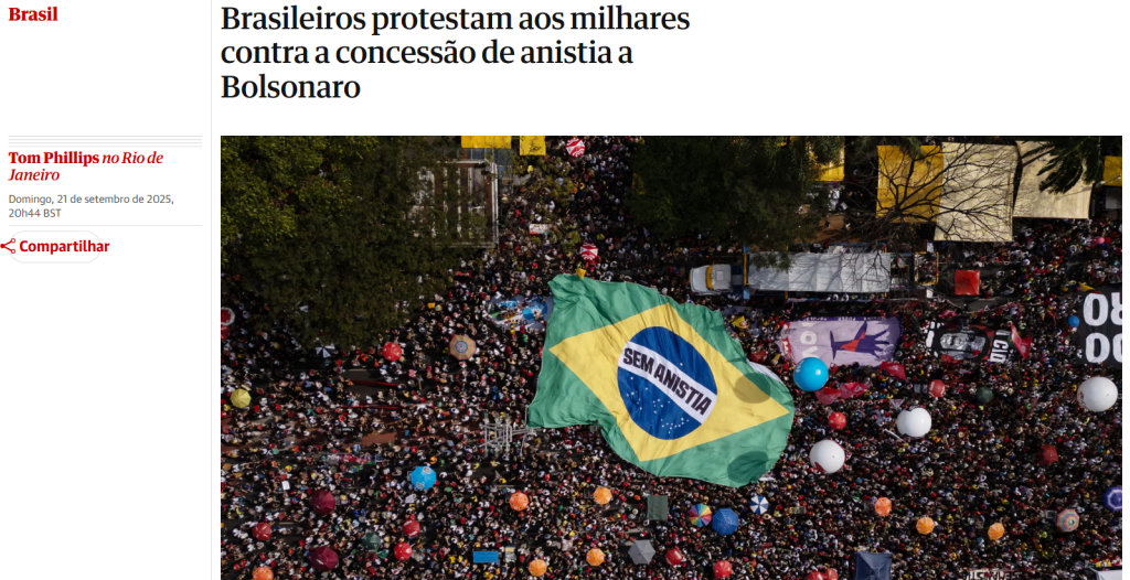 Matéria do jornal britânico The Guardian sobre manifestações contra PEC da Blindagem. 21/09/2025