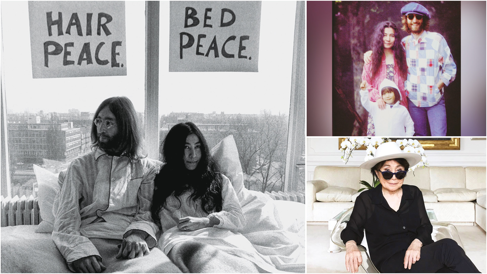 LUZ PR&Oacute;PRIA -&ensp;Com Lennon durante os protestos na cama pela paz (&agrave; esq.), ao lado dele e do filho Sean (no alto, &agrave; dir.) e na velhice: uma vida rica e turbulenta