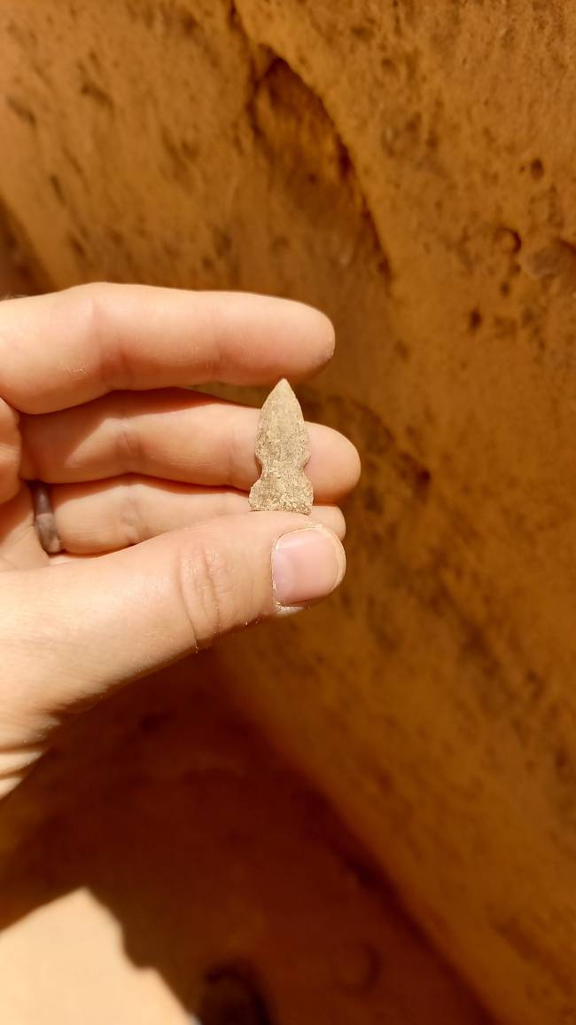 arrowhead Uma ponta de flecha do tipo ‘El Khiam’ foi descoberta em Jebel Arnaan, na Arábia Saudita. Esse tipo de ferramenta é bem conhecido em sítios do início do Holoceno no Levante, evidenciando conexões de longa distância entre as regiões.