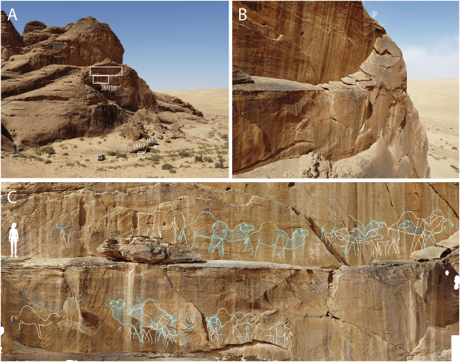 Painel monumental de arte rupestre em Jebel Misma.